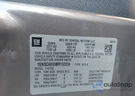 2011 Chevrolet Tahoe Ls из США, поврежденный, VIN 1GNSCAE00BR132339